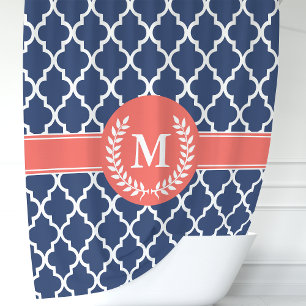Persoonlijk Navy Blauw en Koraal Quatrefoil Douchegordijn