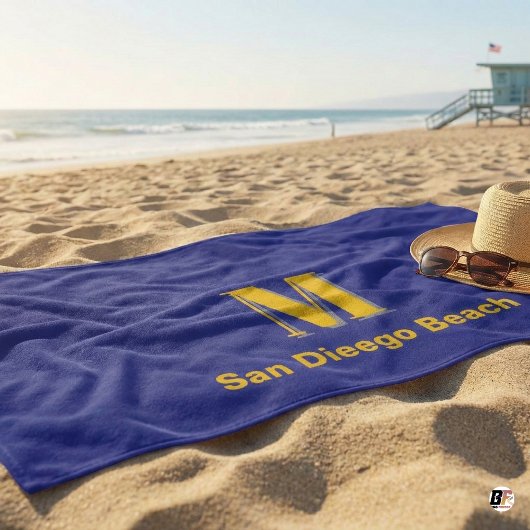 Persoonlijk Navy Blauw & Geel Monogram Letter M Strandlaken