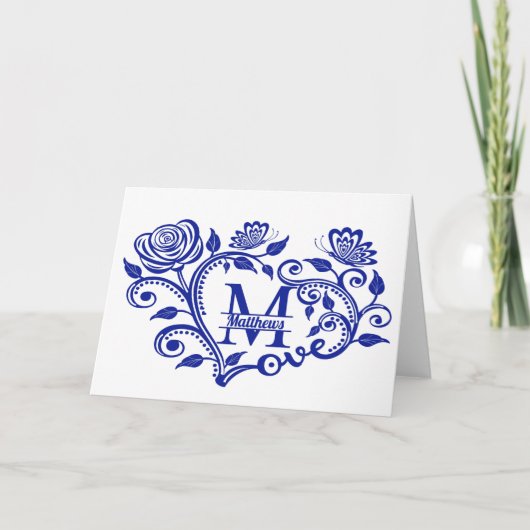 Persoonlijk Navy Blauwe Bloem Monogram M Kaart (Voorkant)