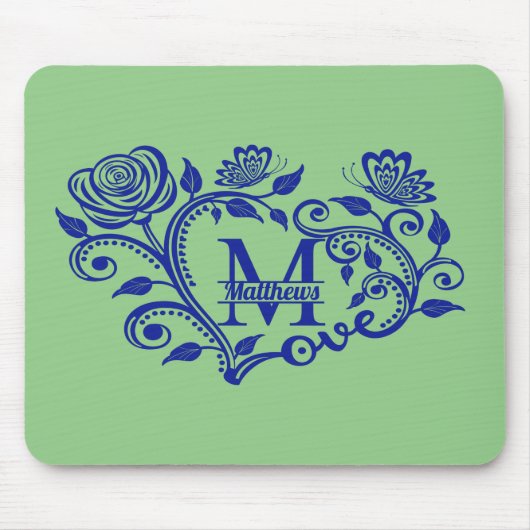 Persoonlijk Navy Blauwe Bloem Monogram M Muismat (Voorkant)