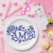 Persoonlijk Navy Blauwe Bloem Monogram M Papieren Bordje (Feest)