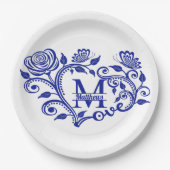 Persoonlijk Navy Blauwe Bloem Monogram M Papieren Bordje (Voorkant)