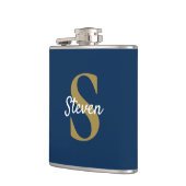 Persoonlijk Navy Blauwe en Gouden Monogram Heupfles (Links)