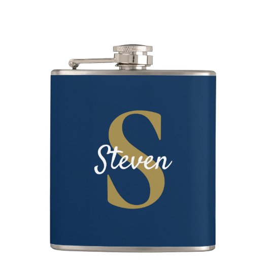 Persoonlijk Navy Blauwe en Gouden Monogram Heupfles (Voorkant)