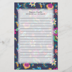 Persoonlijk Navy Blauwe met Paarse en Gouden Bloem Briefpapier