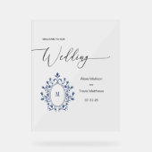 Persoonlijk Navy Blauwe Monogram Trouwbord Acryl Bord (Voorkant)