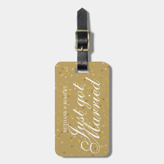 Persoonlijk 'Net Getrouwd' Gouden Stof Confetti Bagagelabel (Voorkant verticaal)