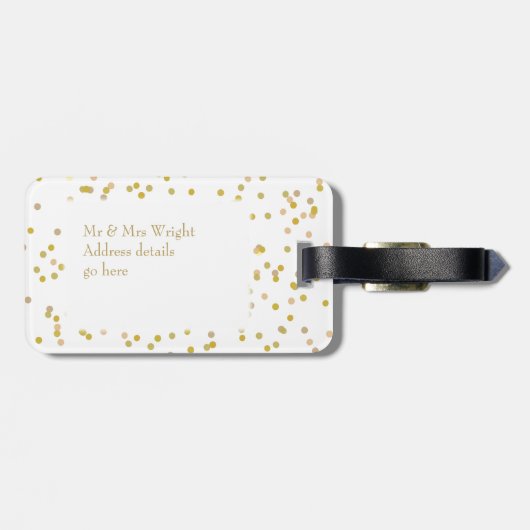 Persoonlijk 'Net Getrouwd' Gouden Stof Confetti Bagagelabel (Achterkant horizontaal)