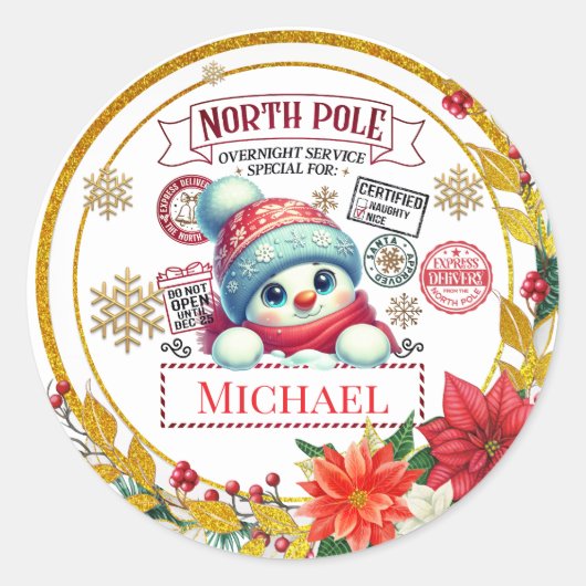 Persoonlijk Noordpool-sneeuwmannenkerstcadeau Ronde Sticker (Voorkant)