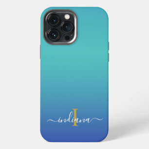 Persoonlijk Ombre Monogram Blauwe Turkoois Schrift iPhone 13 Pro Max Hoesje