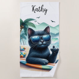 Persoonlijk ontwerp: koele zwarte kat op het stran strandlaken