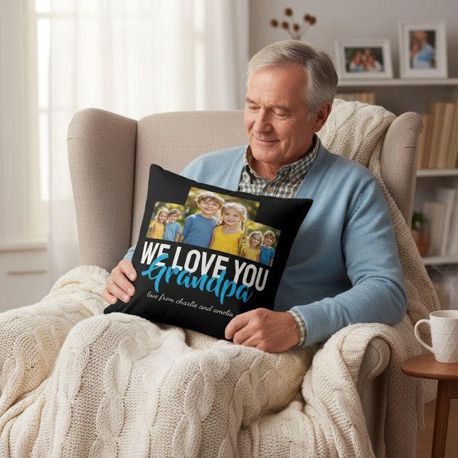 Persoonlijk opa-fotocadeau met blauwe tekst ontwer kussen (Creator heeft geüpload)