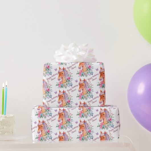 Persoonlijk paard met bloemen meisjes verjaardag cadeaupapier (Feestgeschenken)