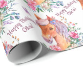 Persoonlijk paard met bloemen meisjes verjaardag cadeaupapier (Rol Hoek)