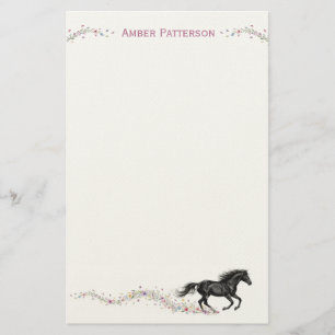 Persoonlijk paardenstationery Zwart paard Bloemen Briefpapier
