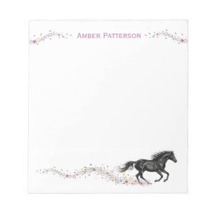 Persoonlijk paardenstationery Zwart paard Bloemen Notitieblok
