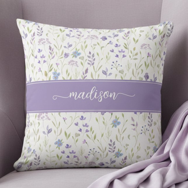 Persoonlijk Paars Bloemmotief Initiaal Kussen (pretty purple blue wildflower floral pattern throw pillow with custom name monogram in calligraphy)