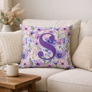 Persoonlijk Paars Bloemmotief Monogram Kussen