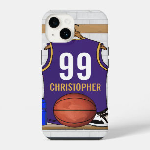 Persoonlijk paars en goud basketbalshirt iPhone 14 hoesje
