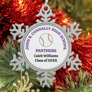 Persoonlijk Paars Honkbalteam Middelbare School Tin Sneeuwvlok Ornament