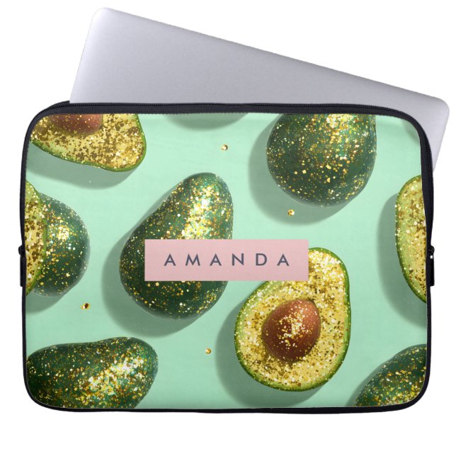 Persoonlijk Pastelkleurig Glitter Avocadontwerp Laptop Sleeve (Voorkant)