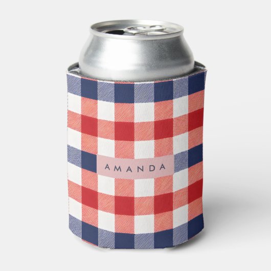Persoonlijk Patriotisch Rood, Wit & Blauw Gingham Blikjeskoeler (Blikje Voorkant)