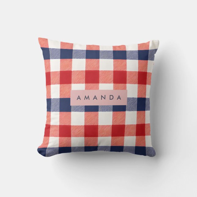Persoonlijk Patriotisch Rood, Wit & Blauw Gingham Kussen (Voorkant)
