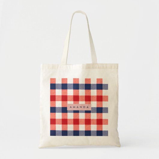 Persoonlijk Patriotisch Rood, Wit & Blauw Gingham Tote Bag (Voorkant)