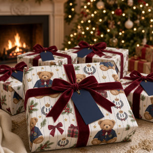 Persoonlijk Preppy Teddydbeer Monogram Kerstmis Cadeaupapier