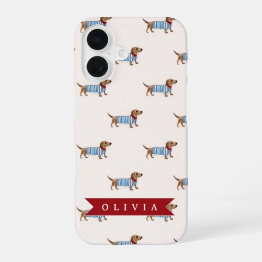 Persoonlijk Preppy Zacht Dachshund Hond Patroon iPhone 16 Hoesje (Achterkant)