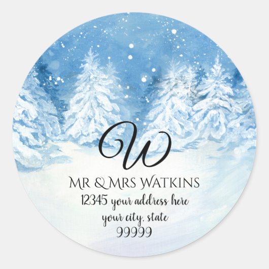 Persoonlijk retouradres Besneeuwde winterbomen Ronde Sticker (Voorkant)