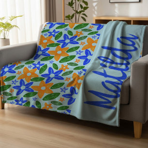 Persoonlijk Retro Blauw & Oranje Bloemmotief  Fleece Deken