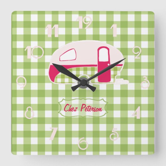 Persoonlijk Retro Gingham Caravan Ontwerp Klok (Voorkant)