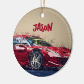 Persoonlijk rode raceautogeschenk keramisch ornament (Links)