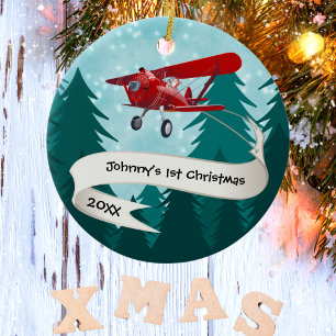 Persoonlijk,Rode Vliegtuig & Kerstman, Eerste Kers Keramisch Ornament