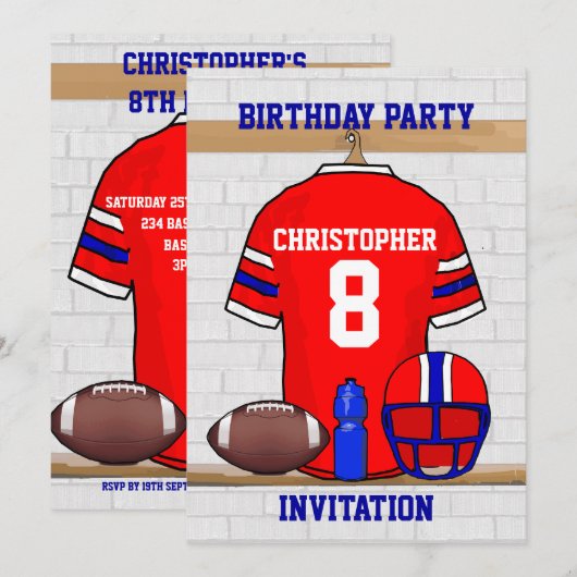 Persoonlijk Rode WB Football Jersey Birthday Party Kaart (Voorkant / Achterkant)