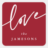 Persoonlijk Rode + Witte 'Liefde' Script Lettertyp Vierkante Sticker (Voorkant)