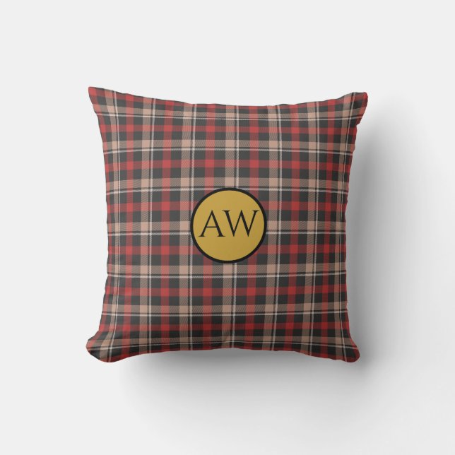 Persoonlijk Rode Zwarte en Crème Tartan Monogram Kussen (Voorkant)