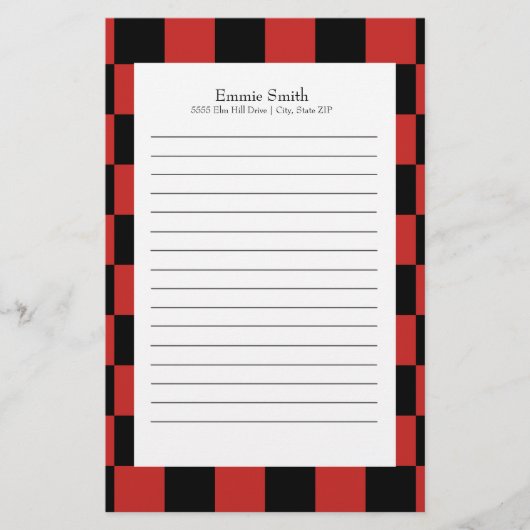 Persoonlijk rood en zwart met wit geruit briefpapier (Voorkant)
