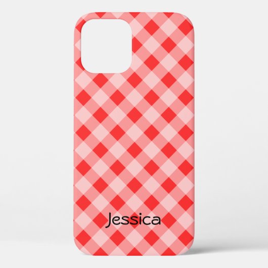 Persoonlijk rood gingham patroon iPhone 12 hoesje (Achterkant)