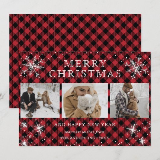 Persoonlijk rood speldenneeuwvlok 3 Foto-collage Feestdagenkaart (Voorkant / Achterkant)