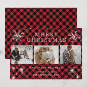 Persoonlijk rood speldenneeuwvlok 3 Foto-collage Feestdagenkaart (Voorkant / Achterkant)