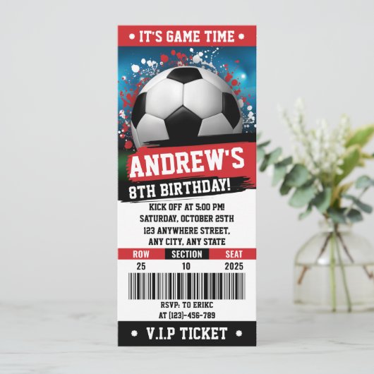 Persoonlijk Rood thema Voetbal Ticket Verjaardag Kaart (Staand voorkant)