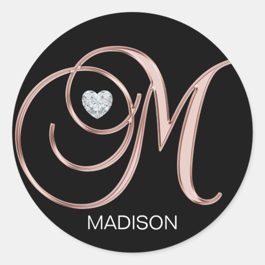 Persoonlijk Roos Gold Heart Monogrammed Letter M Ronde Sticker (Voorkant)