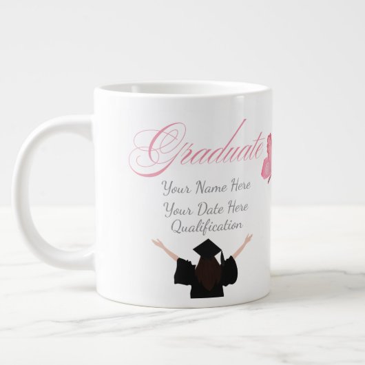 Persoonlijk roze afstudeercadeau, aangepaste naam grote koffiekop (Links)