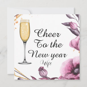 Persoonlijk roze bloem glazen champagne typografie feestdagenkaart