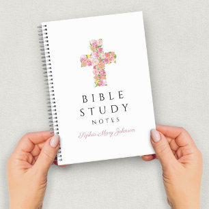 Persoonlijk Roze Bloemmotief Religieus Kruis Notitieboek