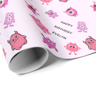 Persoonlijk Roze Cute Aangepaste Meisje Monster Cadeaupapier
