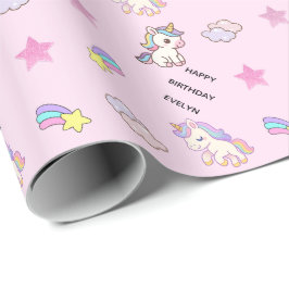 Persoonlijk Roze Eenhoorn Verjaardagsfeest Cadeaupapier