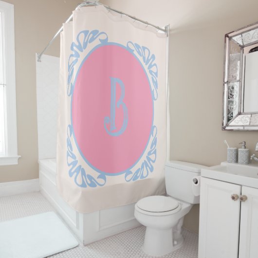 Persoonlijk roze en blauw douchegordijn (In situ)